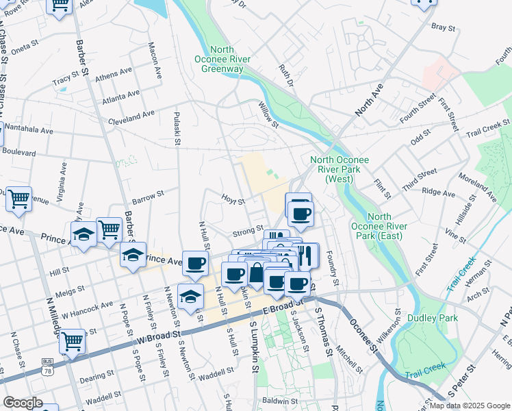 map of restaurants, bars, coffee shops, grocery stores, and more near 700 College Avenue in Athens