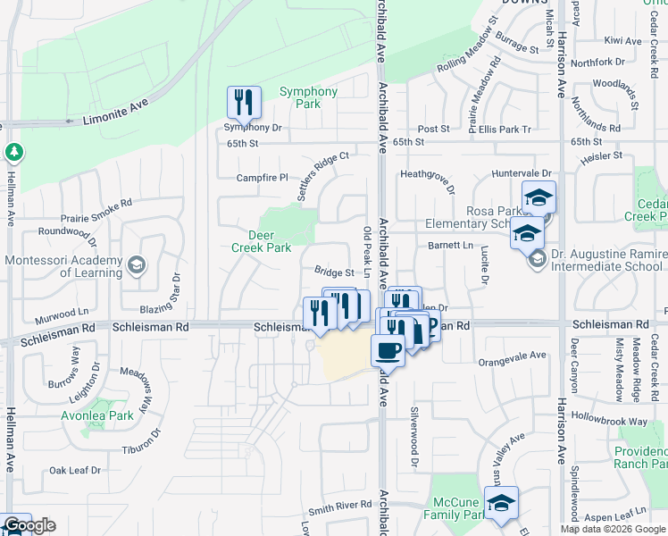 map of restaurants, bars, coffee shops, grocery stores, and more near 6890 Monte Vista Court in Corona