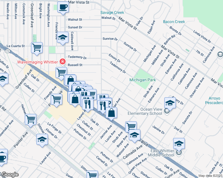 map of restaurants, bars, coffee shops, grocery stores, and more near 13841 Ramona Drive in Whittier