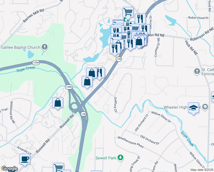 map of restaurants, bars, coffee shops, grocery stores, and more near 1950 Roswell Road in Marietta