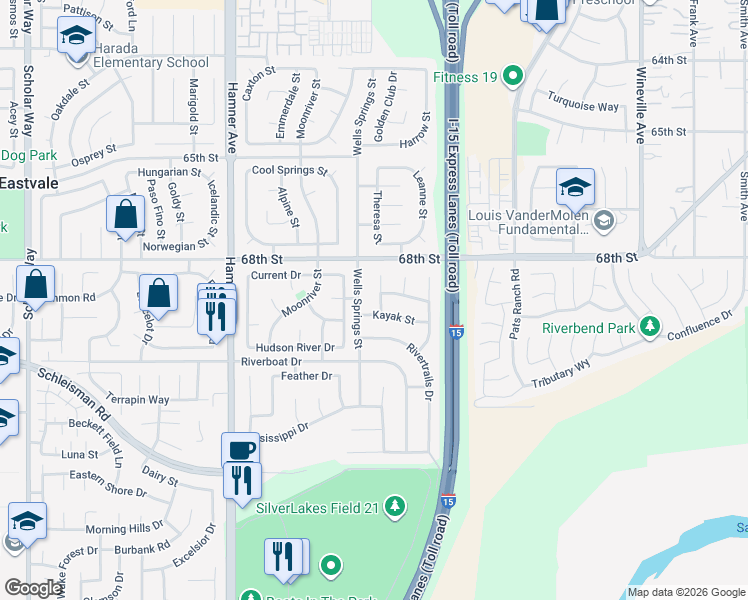 map of restaurants, bars, coffee shops, grocery stores, and more near 6879 Lindsey Court in Eastvale