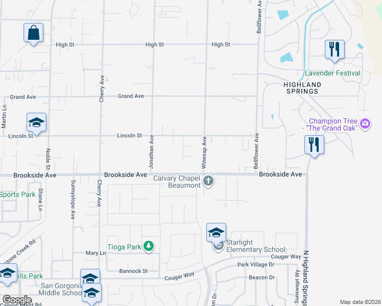 map of restaurants, bars, coffee shops, grocery stores, and more near 40430 Rome Beauty Way in Cherry Valley