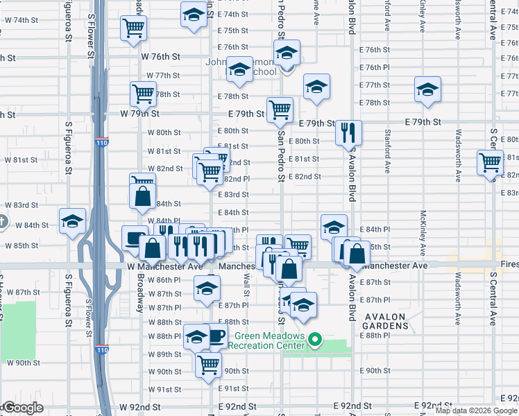 map of restaurants, bars, coffee shops, grocery stores, and more near 227 East 84th Street in Los Angeles