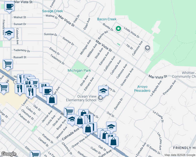 map of restaurants, bars, coffee shops, grocery stores, and more near 8315 California Avenue in Whittier