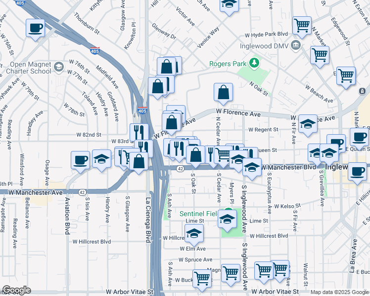 map of restaurants, bars, coffee shops, grocery stores, and more near 613 West Queen Street in Inglewood