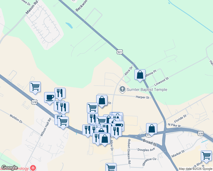 map of restaurants, bars, coffee shops, grocery stores, and more near 1510-1558 Alice Drive in Sumter