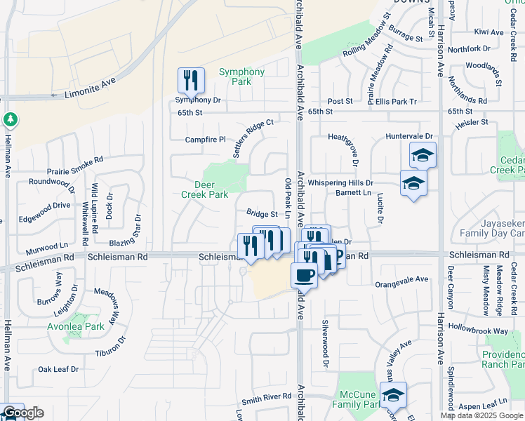 map of restaurants, bars, coffee shops, grocery stores, and more near 6890 Monte Vista Court in Corona