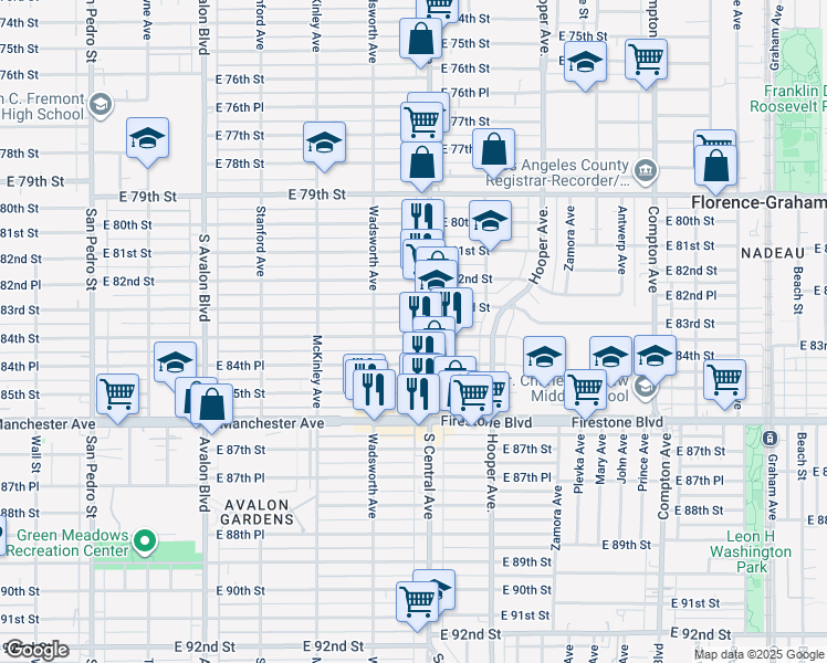 map of restaurants, bars, coffee shops, grocery stores, and more near 1019 East 84th Place in Los Angeles