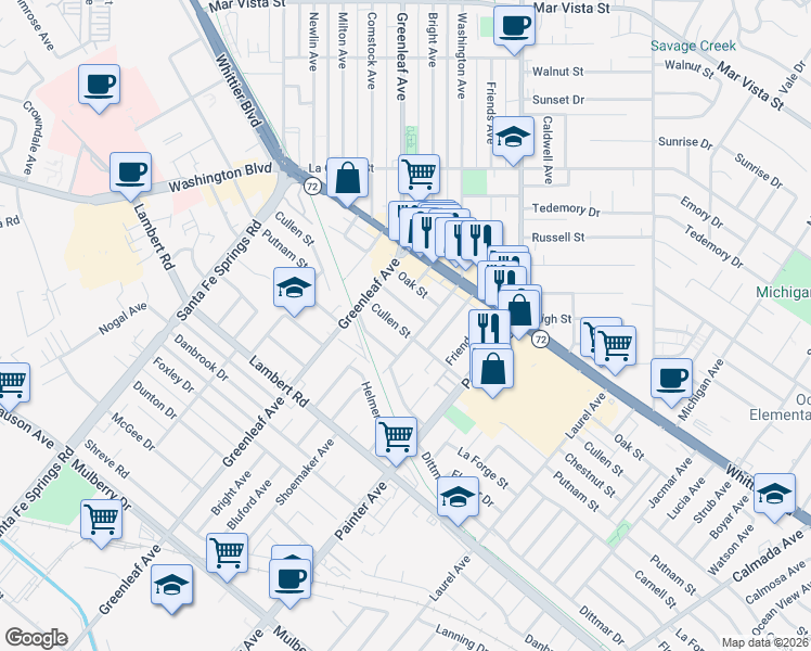 map of restaurants, bars, coffee shops, grocery stores, and more near 13123 Cullen Street in Whittier