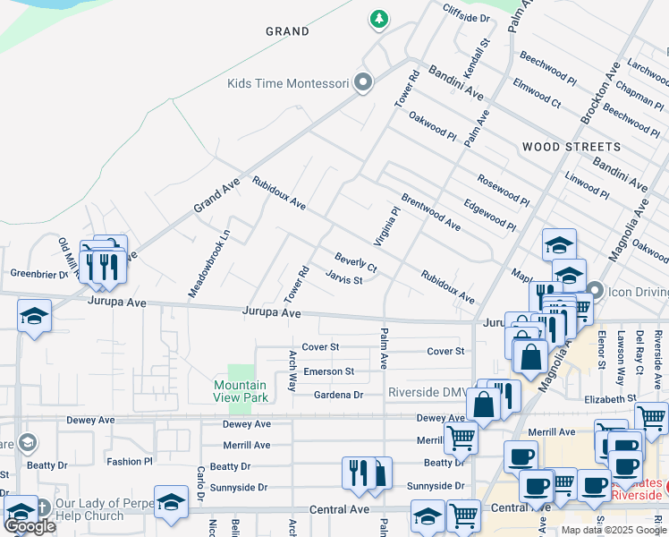 map of restaurants, bars, coffee shops, grocery stores, and more near 4671 Jarvis Street in Riverside