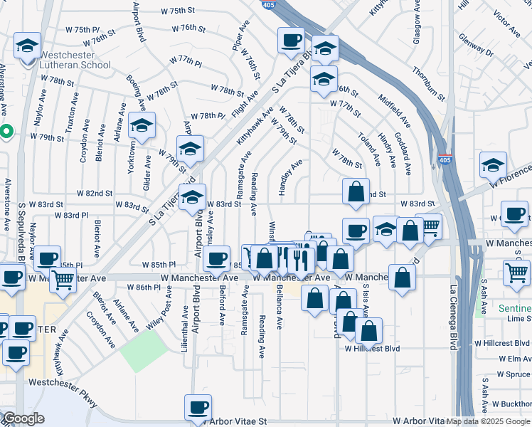 map of restaurants, bars, coffee shops, grocery stores, and more near 8311 Winsford Avenue in Los Angeles