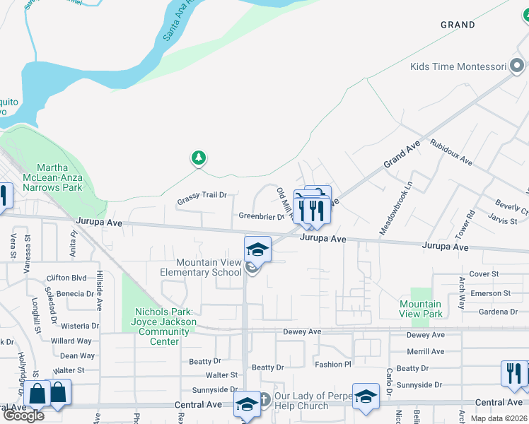map of restaurants, bars, coffee shops, grocery stores, and more near 5255 Greenbrier Drive in Riverside