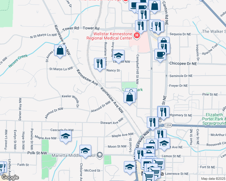 map of restaurants, bars, coffee shops, grocery stores, and more near 471 Sessions Street Northwest in Marietta