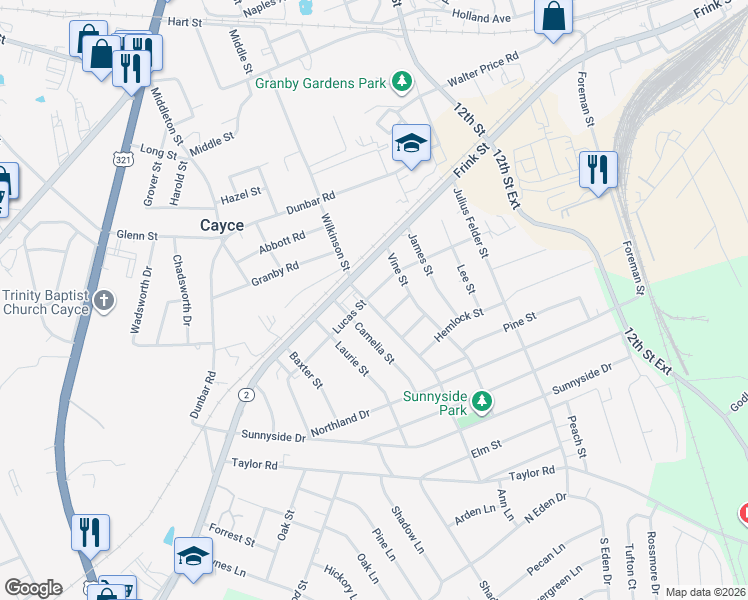 map of restaurants, bars, coffee shops, grocery stores, and more near 1423 Lucas Street in Cayce