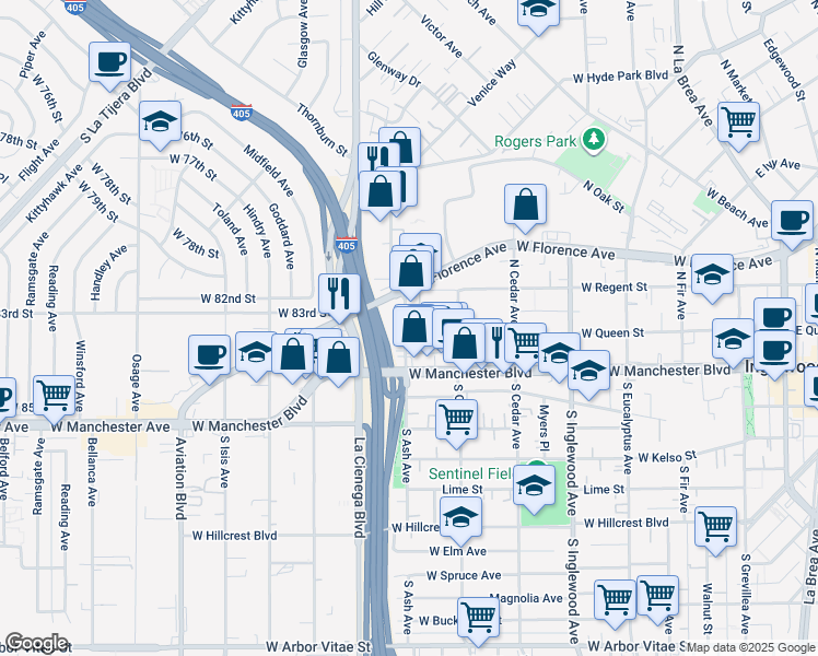 map of restaurants, bars, coffee shops, grocery stores, and more near 641 West Queen Street in Inglewood