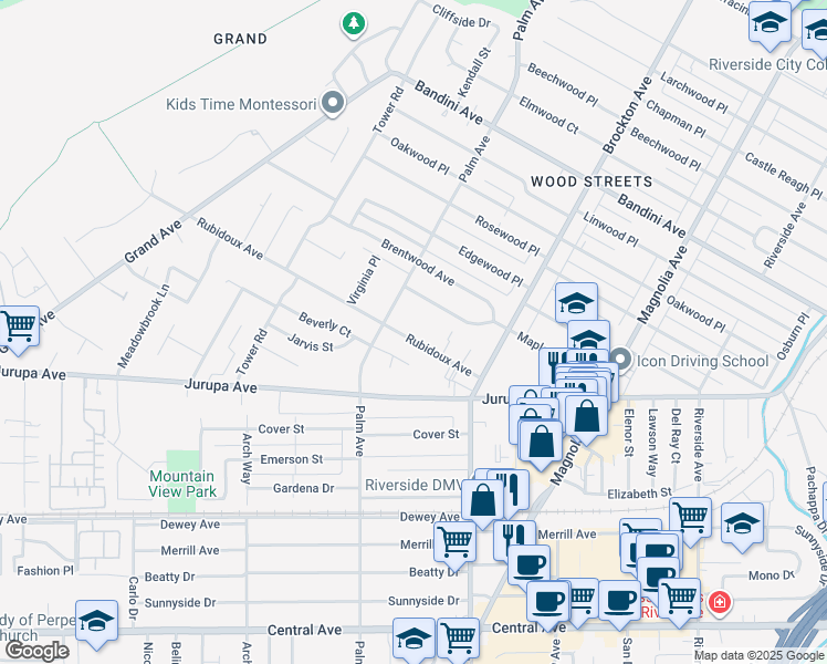 map of restaurants, bars, coffee shops, grocery stores, and more near 4391 Rubidoux Avenue in Riverside