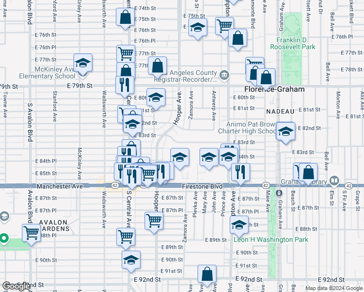 map of restaurants, bars, coffee shops, grocery stores, and more near 1306 East 83rd Street in Los Angeles