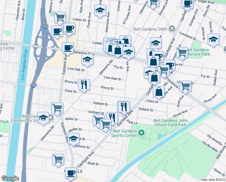 map of restaurants, bars, coffee shops, grocery stores, and more near 6038 Priory Street in Bell Gardens