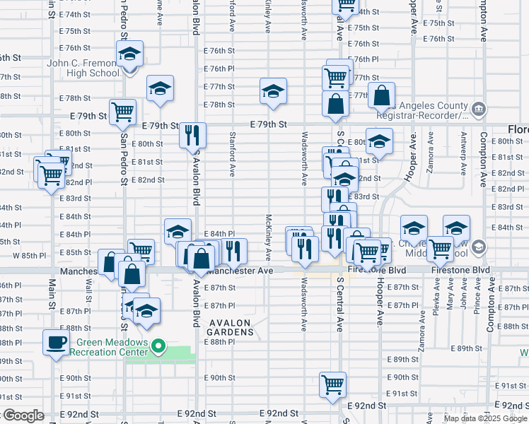 map of restaurants, bars, coffee shops, grocery stores, and more near 755 East 84th Street in Los Angeles