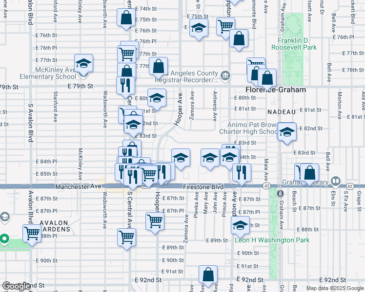 map of restaurants, bars, coffee shops, grocery stores, and more near 1306 East 83rd Street in Los Angeles
