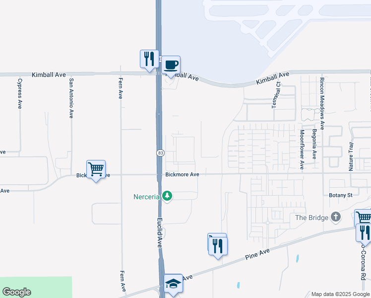 map of restaurants, bars, coffee shops, grocery stores, and more near 16003 Euclid Avenue in Chino