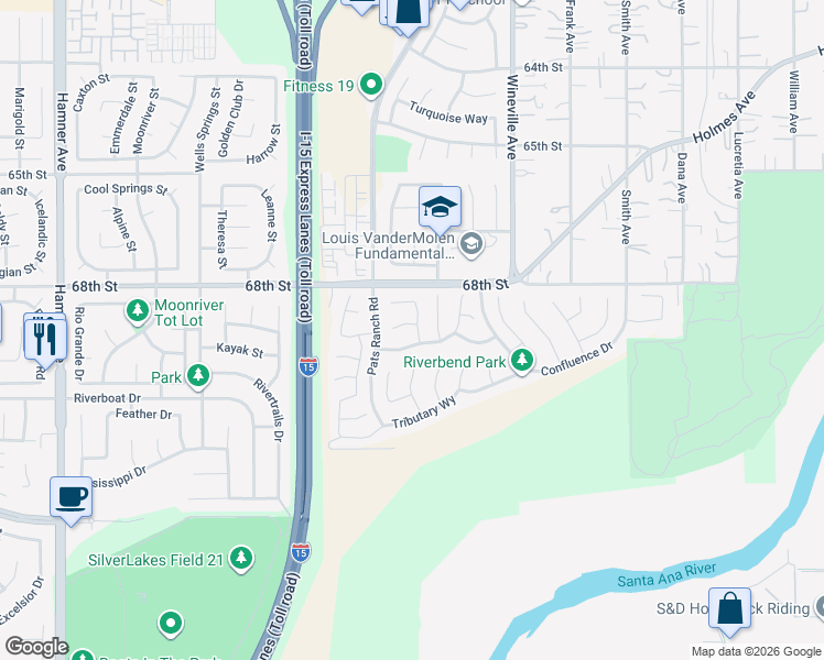 map of restaurants, bars, coffee shops, grocery stores, and more near 12003 Santiam Court in Jurupa Valley