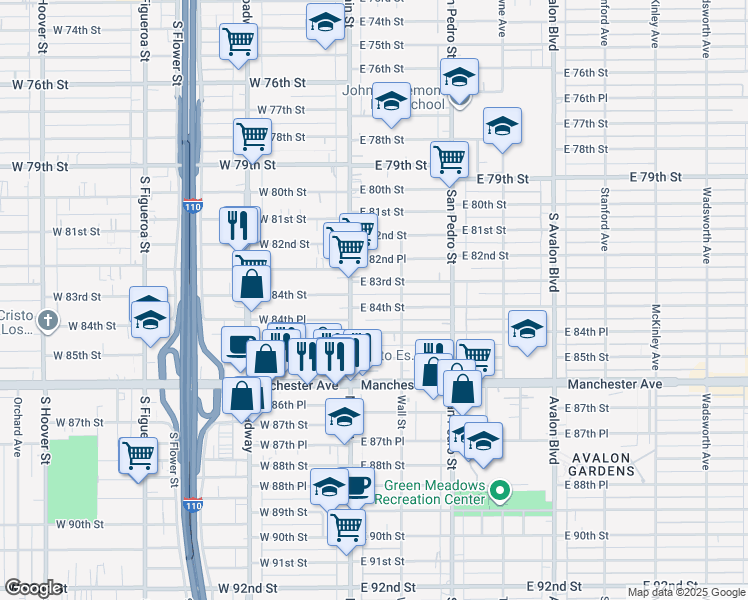 map of restaurants, bars, coffee shops, grocery stores, and more near 103 East 84th Street in Los Angeles