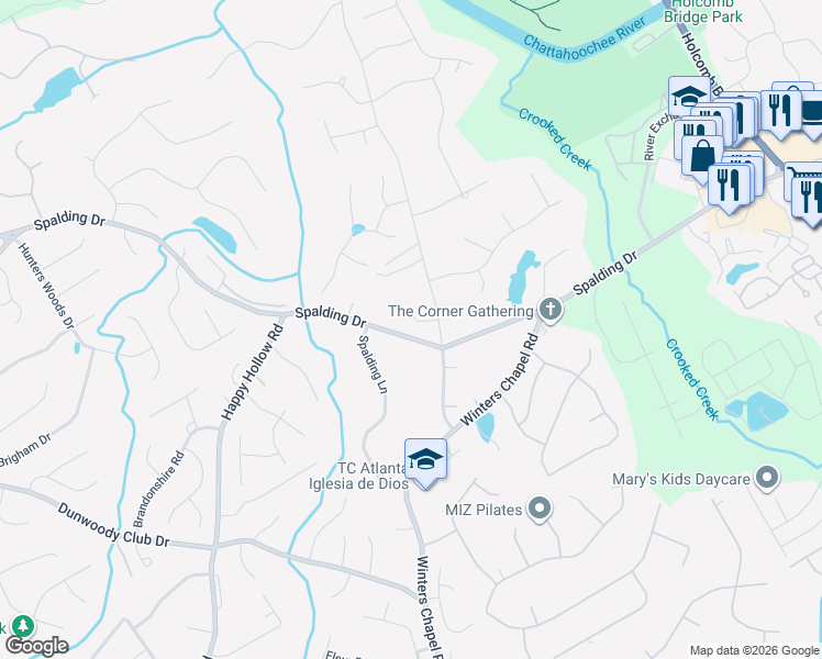 map of restaurants, bars, coffee shops, grocery stores, and more near 320 Whitley Park Drive in Atlanta