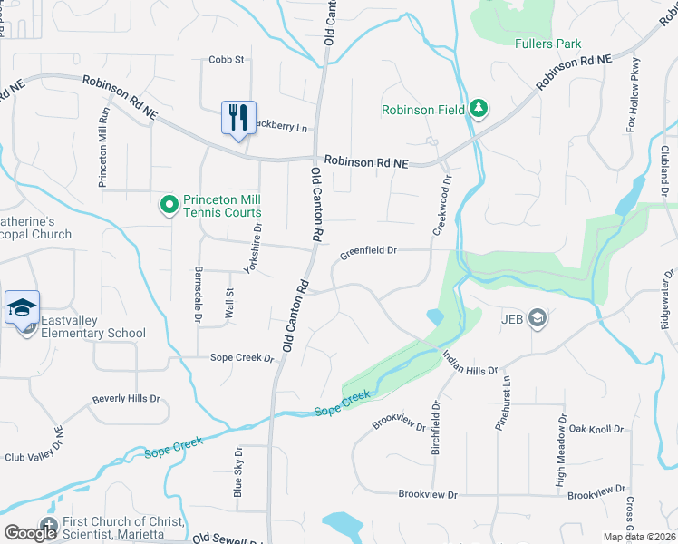 map of restaurants, bars, coffee shops, grocery stores, and more near 3105 Greenfield Drive in Marietta