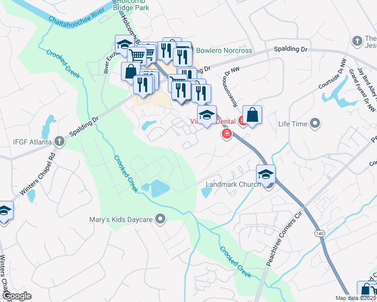 map of restaurants, bars, coffee shops, grocery stores, and more near 6222 Meadow Run Court in Norcross