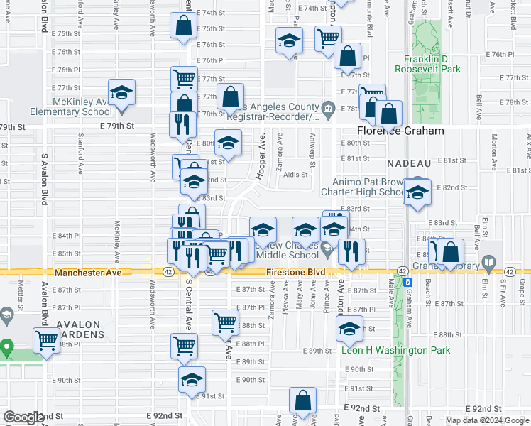 map of restaurants, bars, coffee shops, grocery stores, and more near 1306 East 83rd Street in Los Angeles