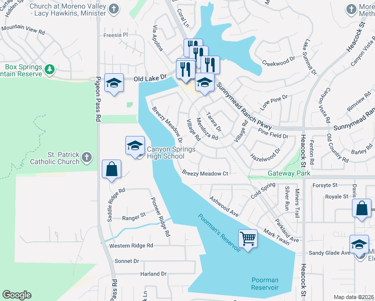 map of restaurants, bars, coffee shops, grocery stores, and more near 23573 Lake Valley Drive in Moreno Valley