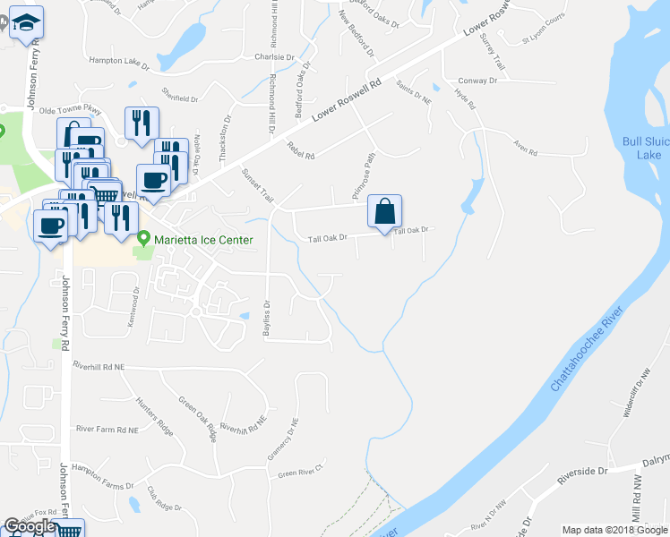 map of restaurants, bars, coffee shops, grocery stores, and more near 5219 Willow Mill Drive in Marietta