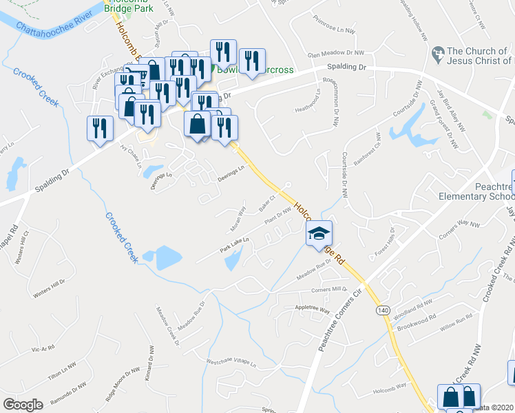 map of restaurants, bars, coffee shops, grocery stores, and more near 6349 Baker Court in Norcross