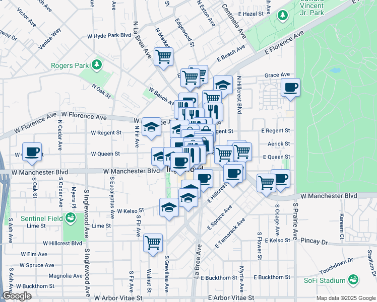 map of restaurants, bars, coffee shops, grocery stores, and more near 223 East Queen Street in Inglewood