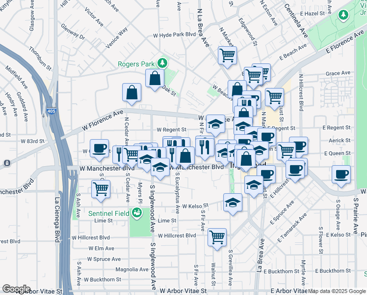 map of restaurants, bars, coffee shops, grocery stores, and more near 235 West Queen Street in Inglewood