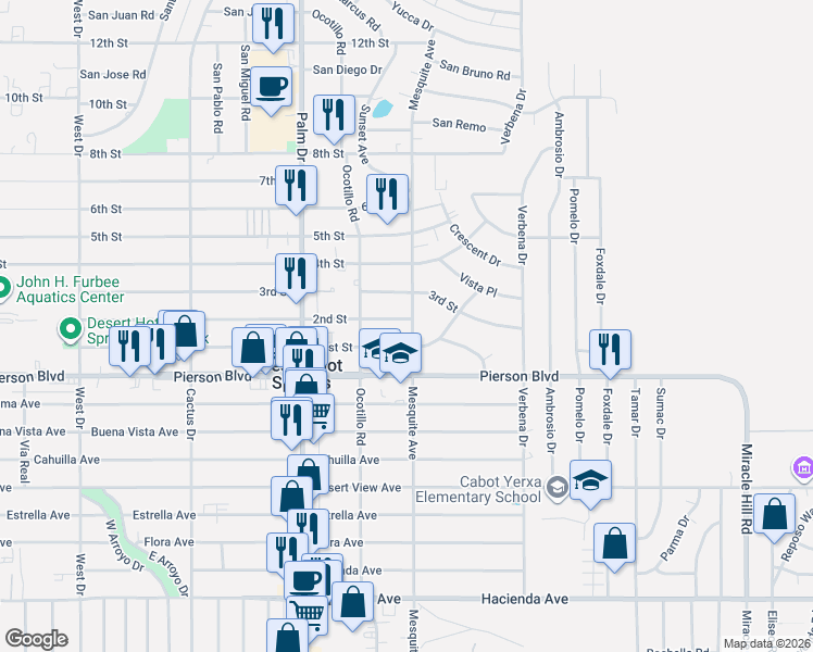 map of restaurants, bars, coffee shops, grocery stores, and more near 11761 Mesquite Avenue in Desert Hot Springs