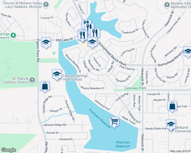 map of restaurants, bars, coffee shops, grocery stores, and more near 10817 Village Road in Moreno Valley