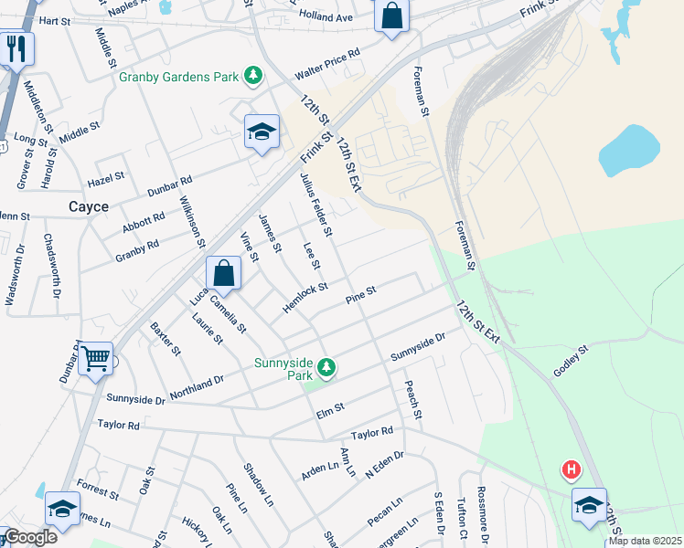 map of restaurants, bars, coffee shops, grocery stores, and more near 1200 Hemlock Street in Cayce