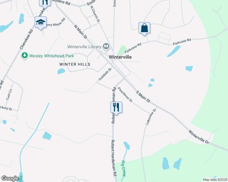 map of restaurants, bars, coffee shops, grocery stores, and more near 200 Peachtree Street in Winterville