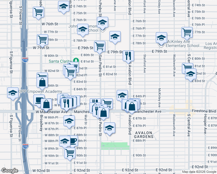 map of restaurants, bars, coffee shops, grocery stores, and more near 333 East 84th Street in Los Angeles
