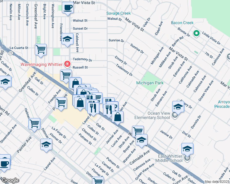 map of restaurants, bars, coffee shops, grocery stores, and more near 13827 Ramona Drive in Whittier