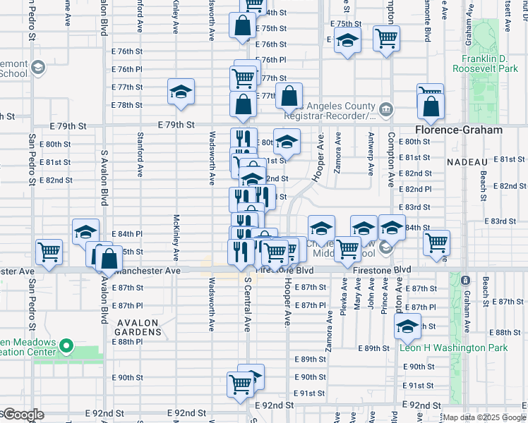 map of restaurants, bars, coffee shops, grocery stores, and more near 1127 East 84th Street in Los Angeles