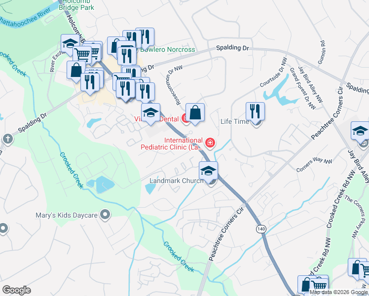 map of restaurants, bars, coffee shops, grocery stores, and more near 6318 Baker Court in Norcross