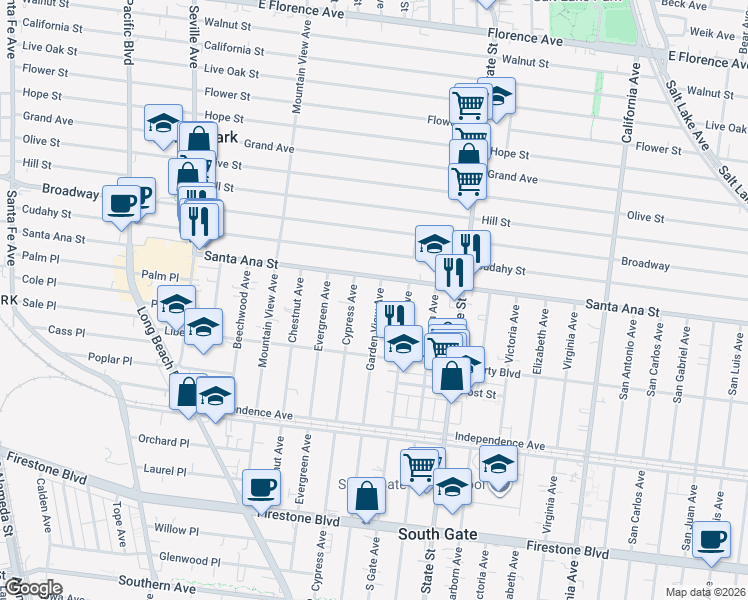 map of restaurants, bars, coffee shops, grocery stores, and more near 8125 Garden View Avenue in South Gate