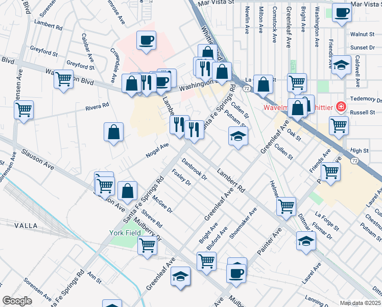 map of restaurants, bars, coffee shops, grocery stores, and more near 12616 Lambert Road in Whittier