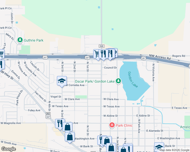 map of restaurants, bars, coffee shops, grocery stores, and more near 508 West Rebecca Avenue in Iowa Park