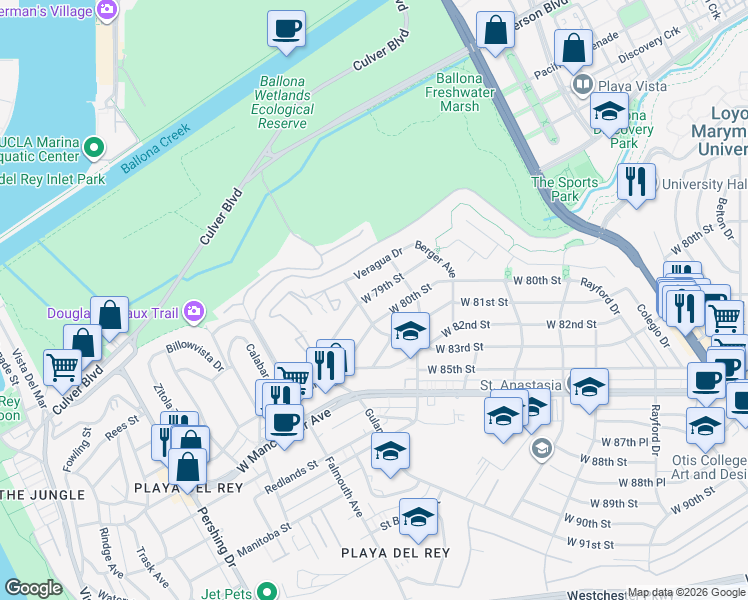 map of restaurants, bars, coffee shops, grocery stores, and more near 7844 West 79th Street in Los Angeles