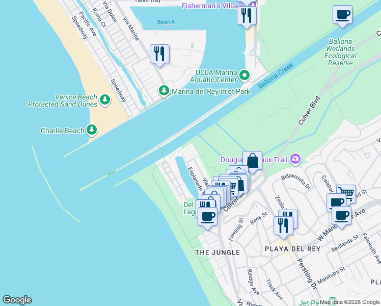map of restaurants, bars, coffee shops, grocery stores, and more near 6200 Vista Del Mar in Playa Del Rey