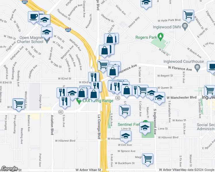 map of restaurants, bars, coffee shops, grocery stores, and more near 711 West Queen Street in Inglewood